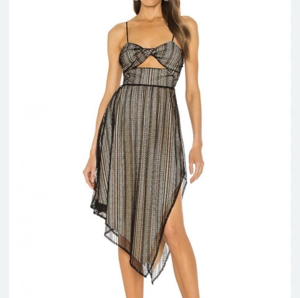 Revolve NBD Black Striped Asymmetric Cut Out Slip Midi Dress Spaghetti Strap M